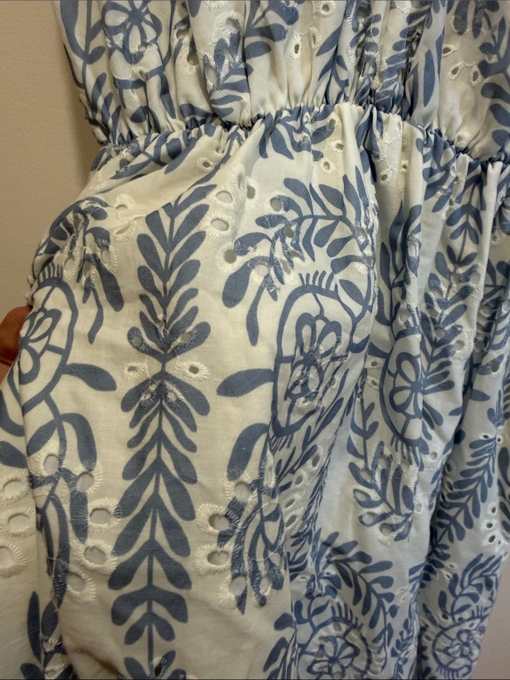 Luisa Perla Blue Floral V-Neck Midi Dress with ElasticWaist Eyelet Made in Italy - Picture 9 of 11